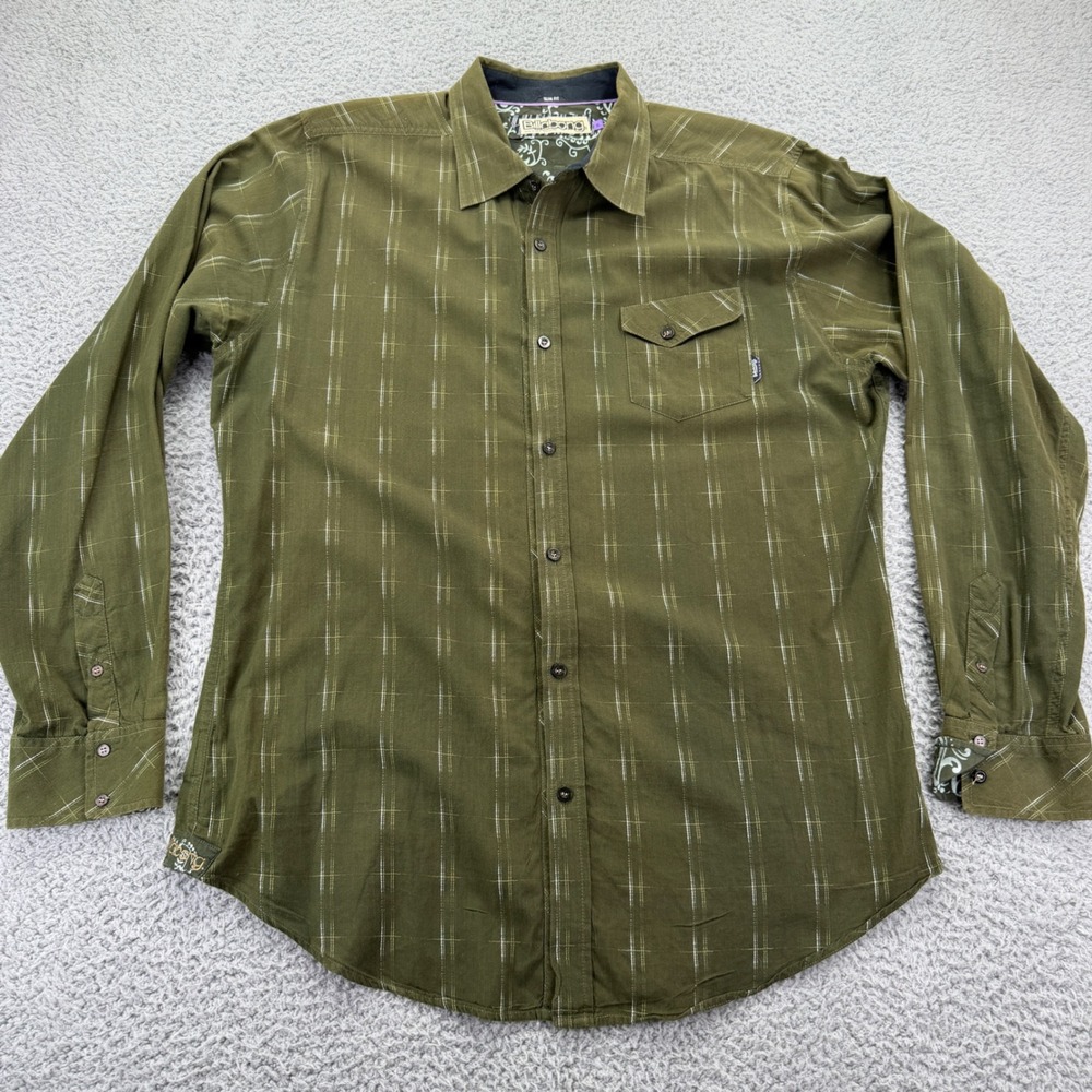 Billabong Button Down Mens XL Green Excellent Slim Fit Grid Long Sleeve Shirt